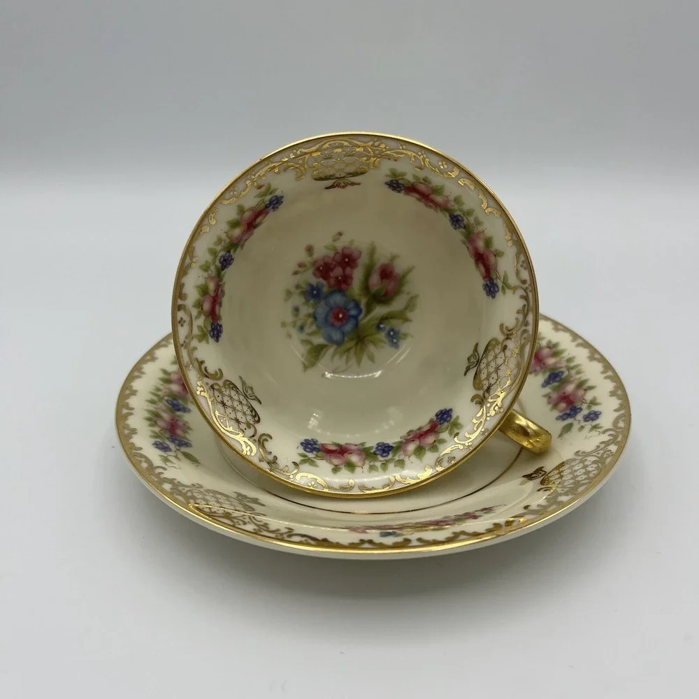 Vintage‎ Rosenthal Ivory Footed Demitasse Cup and Saucer Fruit Floral Gold Trim